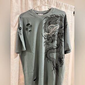 Left Point Mens XL Men's Distressed Rhinestone Dragon Graphic T-Shirt - blue
